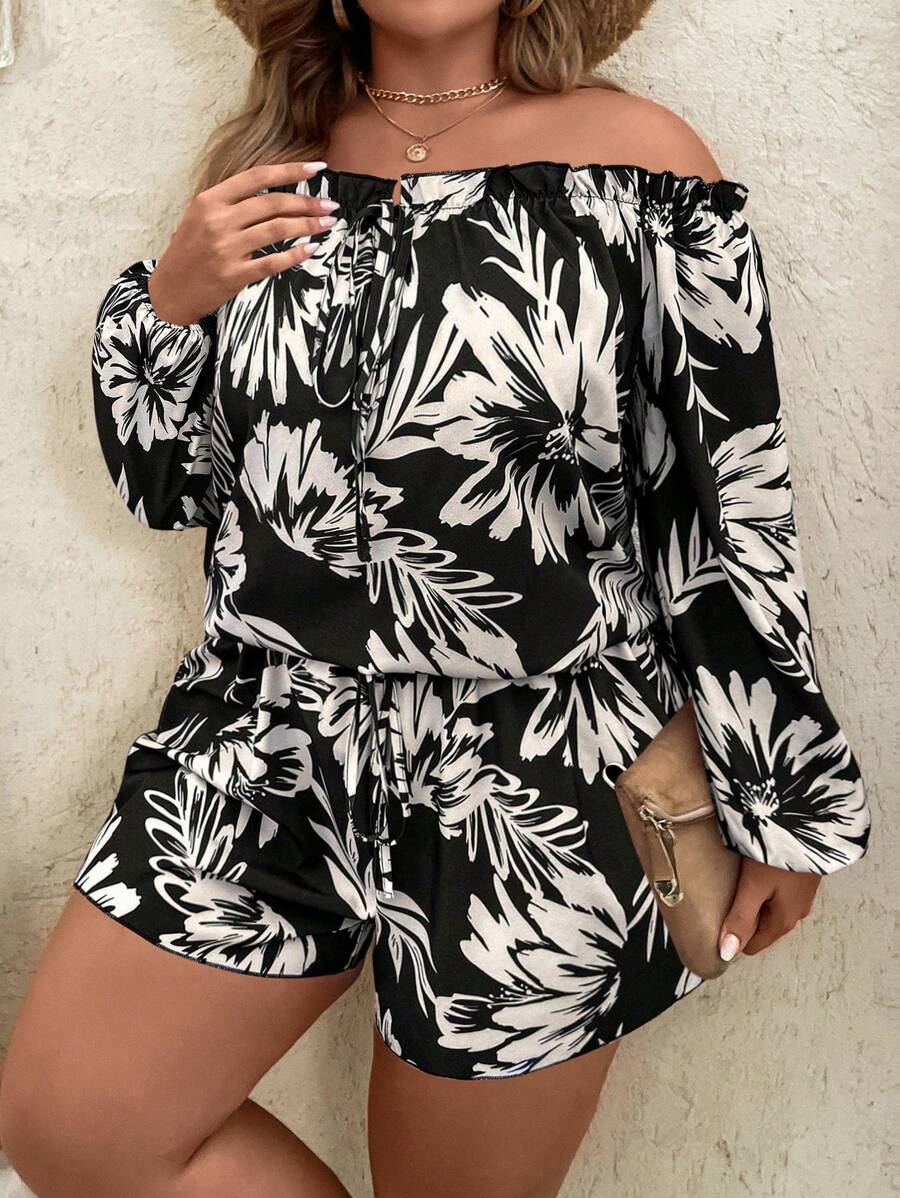 Breezaya Plus Size Women Tropical Floral Print Off-Shoulder Lantern Sleeve Top And Shorts 2pcs Set - Multicolor - View 1