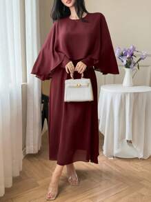 DAZY Váy dự tiệc bằng vải voan dài đến bắp chân dành cho nữ, Đầm dài tay thanh lịch mùa xuân/thu - Gỗ đỏ - Xem 2