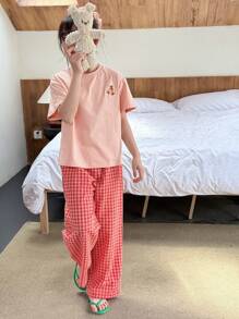 Dazy Kids Tween Girls' Cartoon Bear Graphic Short Sleeve T-Shirt & Plaid Pants Loungewear Set