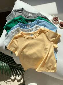 SHEIN 5pcs/Pack Summer Cute Solid Color All-Match Knit Short Sleeve T-Shirt Pack For Babies & Toddlers, Versatile