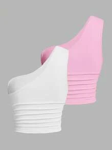 SHEIN EZwear 女士粉色 & 白色针织单肩上衣 - 粉色 - 查看 2