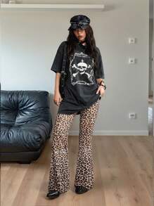 SHEIN EZwear Damskie spodnie z niskim stanem i nadrukiem w panterkę na wiosnę/lato Vegas Music Festival
