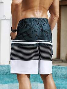 Surfspeed Men's Contrast Stripe Print Drawstring Waist Beach Shorts  Men Swim Trunks - Dark Green - View 3