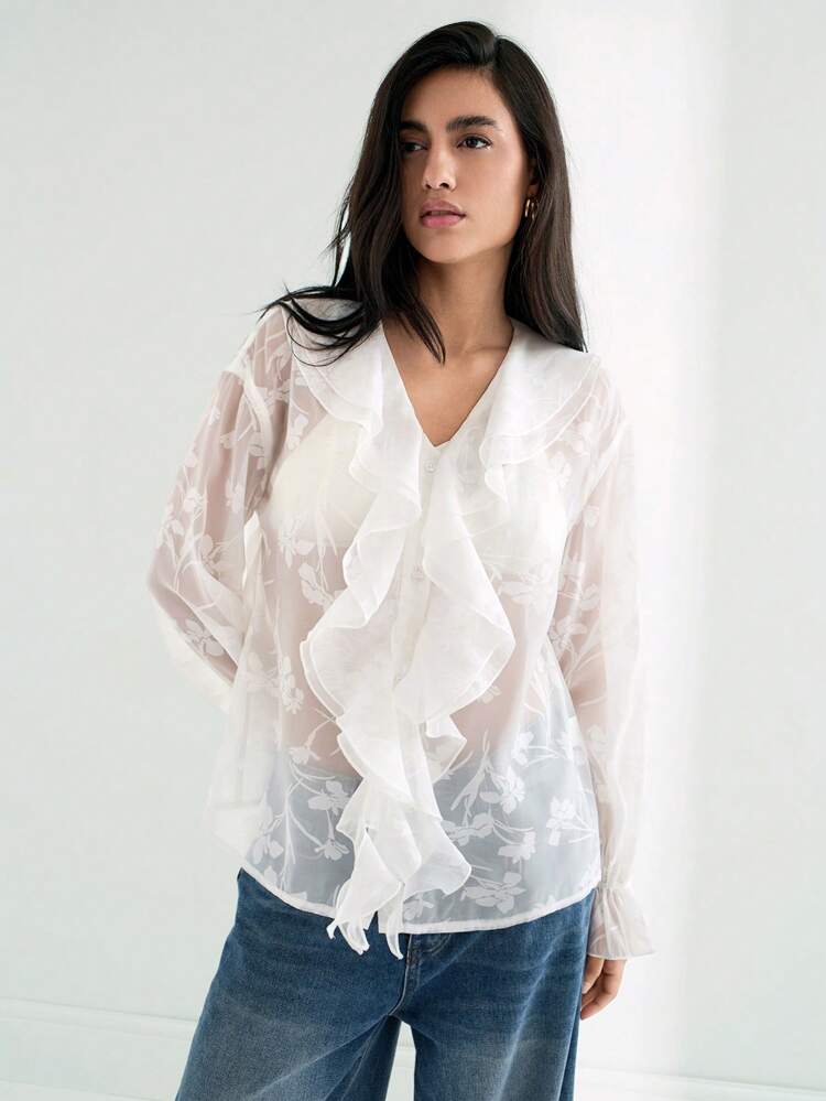 SHEIN Maija 2025 Summer New Arrival White Organza Burn-Out Ruffled Layered Wave Hem Casual Minimalist Fashionable Versatile Summer Chic Elegant Music Festival Beach Holiday Daily Casual Romantic Urban Resort Suitable For Outings, Gatherings, Weddings, Guest Attire, Graduation Season Ladies' Blouse, Business Casual Office Wear, Low-Key Old Money Vibe, High-End Quality, Urban Commute, Magazine Editor Same Style, Urban Social Holiday Party, Captivating
