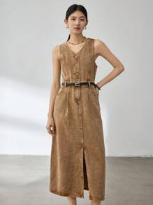 Dazy-Less 女式牛仔连衣裙，腰部剪裁，无袖背心款式，V领，商务休闲夏季复古风格太阳裙 - 卡其色 - 查看 4