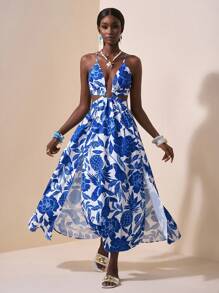 Slaydiva Summer New Casual Vacation Hollow Tie-Up Blue & White Printed Dress For Women - Blue and White - View 3