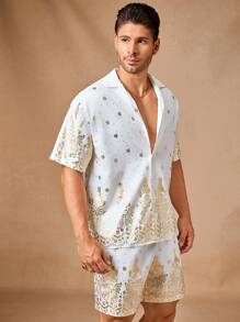 Manfinity ModaGents 2pcs Men Casual Lightweight Short Sleeve Open Front Shirt And Elastic Waist Loose Straight Shorts Set