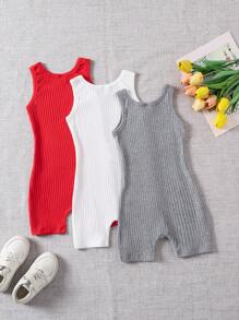 SHEIN 3件組女童休閒百搭羅紋針織連身褲，白色，夏季，親子穿搭，適合幼兒，日常穿著，運動休閒，時尚 - 彩色 - 查看 2