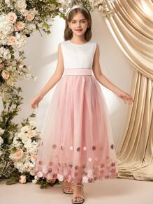 SHEIN Tween Girl Elegant Luxury Floral Print Tulle Wedding Flower Girl Dress - Pink - View 3