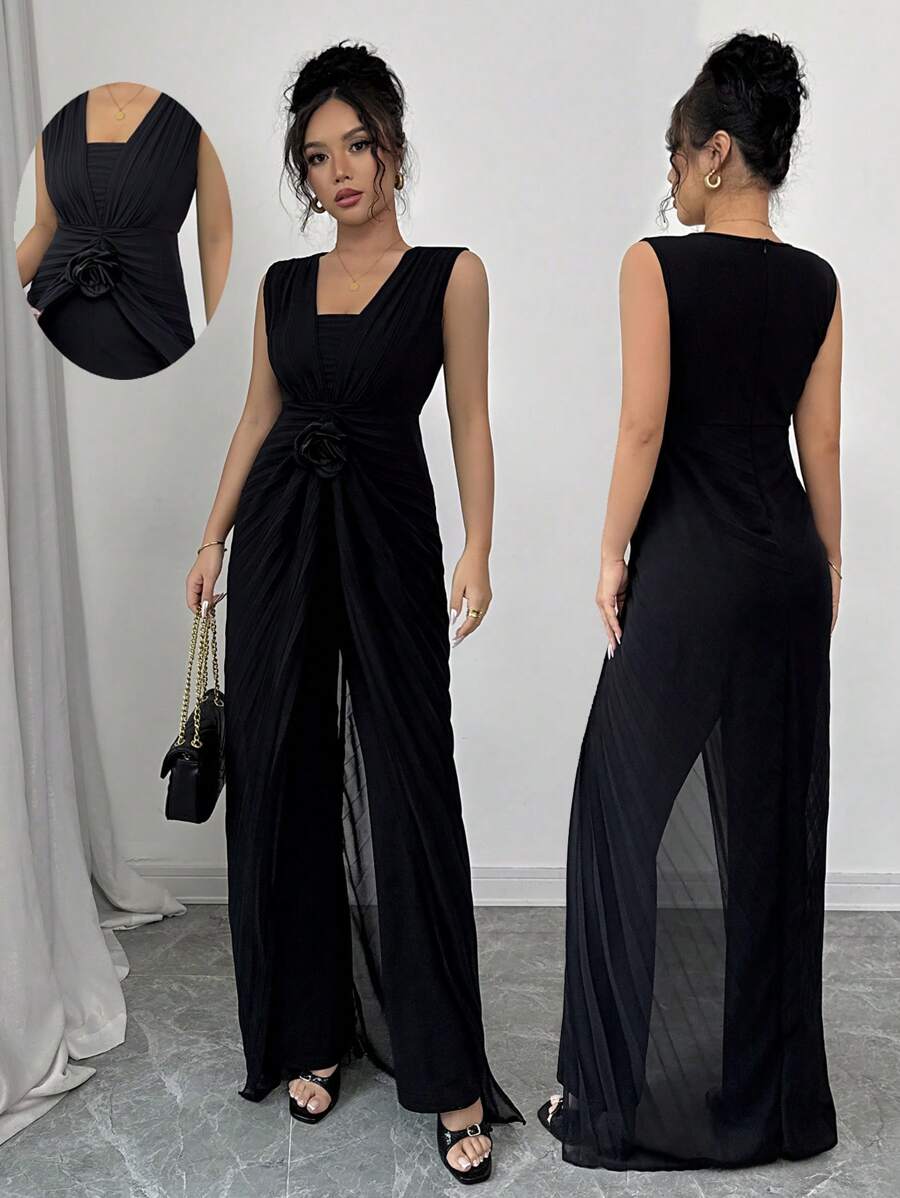 Chiquease 无袖纯色简约褶皱拼接雪纺 3D 花卉连体裤，修身修身