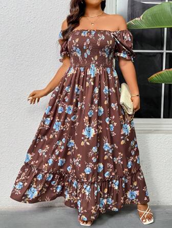 SHEIN Privé 大码优雅方领泡泡袖短款中长连衣裙，荷叶边下摆宽松花卉印花度假沙滩裙