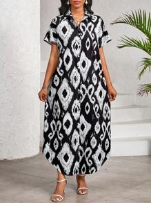 SHEIN Lady Abito modesto con stampe nere, vestiti per donna per vacanze estive, abiti estivi lunghi per donna - Bianco e nero - Visualizzare 3