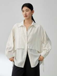 Dazy-Less 女士商务休闲亚麻纯色宽松长袖雪纺衬衫学院风上衣，秋季女装 - 白色 - 查看 7