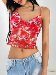 SHEIN EZwear Women's Summer Clothing Romantic Vintage Floral Print Vacation Short Red Western Camisole - Red - View 10