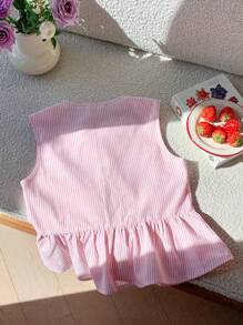 Comfortcana Women Striped Front Tie Ruffle Hem Sleeveless Blouse - Red and White - View 2