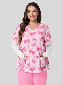 PopScrub Áo phẫu thuật y tá/bác sĩ cỡ lớn cổ chữ V thắt nơ tay ngắn hai túi dễ thương họa tiết hoạt hình tối giản hình con bướm và phước lành, đồng phục kỹ thuật viên thú y, đồ bảo hộ lao động cho chuyên gia dinh dưỡng, áo khoác phòng thí nghiệm có nhiều túi, áo sơ mi làm việc chức năng, áo phông họa tiết cho nữ - Hồng - Xem 1