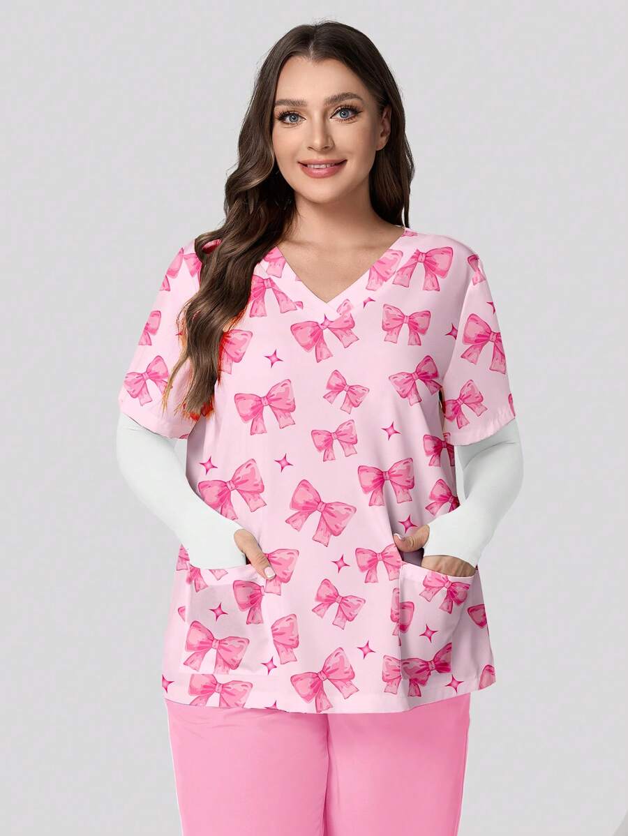 PopScrub Áo phẫu thuật y tá/bác sĩ cỡ lớn cổ chữ V thắt nơ tay ngắn hai túi dễ thương họa tiết hoạt hình tối giản hình con bướm và phước lành, đồng phục kỹ thuật viên thú y, đồ bảo hộ lao động cho chuyên gia dinh dưỡng, áo khoác phòng thí nghiệm có nhiều túi, áo sơ mi làm việc chức năng, áo phông họa tiết cho nữ - Hồng - Xem 1