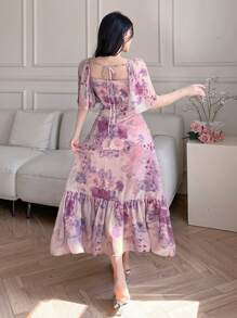 DAZY 情人节雪纺印花方领荷叶边中长连衣裙，女士碎花吊带裙，返校季服装，度假装扮 - 淡紫色 - 查看 2