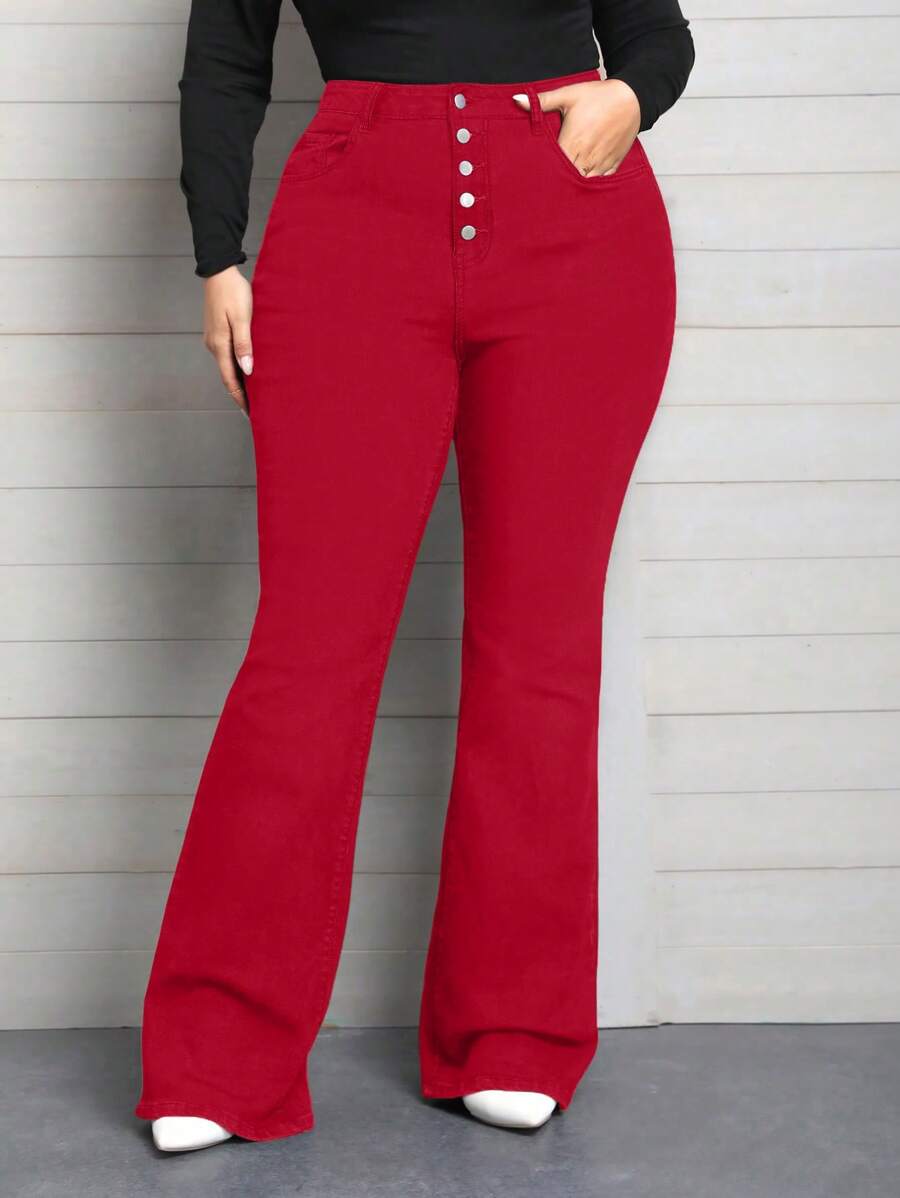 Plus Size Women's Elastic Waist Denim Skinny Flare Pants With Multi-Button Design - Red - View 1