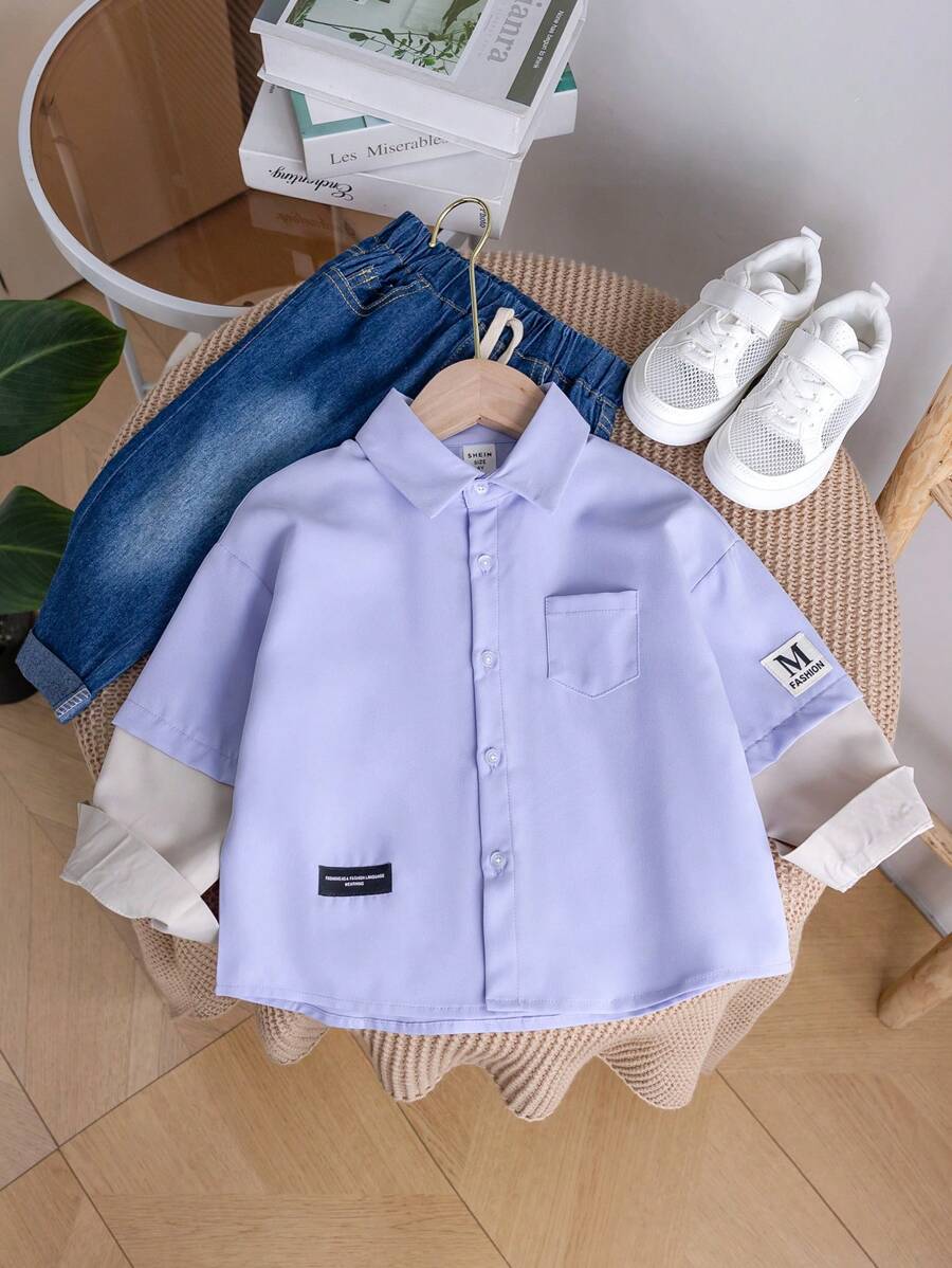 SHEIN Young Boy Casual 2 In 1 Long Sleeve Shirt, Simple And Loose Lapel, Sleeves With Exquisite Label, Fashionable Casual Wear For Daily Outing, Parties, Holidays, And School Plain Shirt For Kidsboys Shirt Setpocket Teen Boys Sets