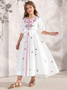 SHEIN Tween Girls ME Elegant Design Print V-Neck Midi Dress, Suitable For Casual, Commuting, Holiday, Dining, Family Gathering In Spring/Summer
