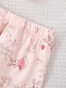 2pcs Baby Girl/Toddler Girl Cute Strawberry Rabbit All Over Print Elegant Casual Ruffled Collar Short Sleeve Top And Pants Homewear Set, Pink Toddler Young Girls Sets Baby Girl Night Wear Baby Girl Summer Clothes Baby Girls Pajamas Baby Girls Sets Elegant