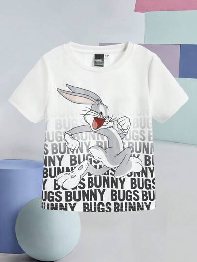 LOONEY TUNES X SHEIN Ung pojke Söt Ombre Letter & tecknad grafisk stickad kortärmad T-shirt med rund hals