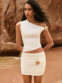 Poéselle Asymmetrical Metal Decor Cropped T-Shirt, For Vacation And Beach - White - View 2