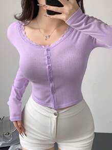 DAZY Áo len cardigan tay dài ôm vừa vặn, cổ chữ V, màu trơn, cài nút ren phía trước cho nữ - Màu tím - Xem 6