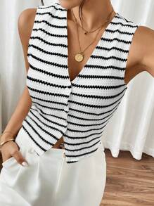 SHEIN Frenchy 女士条纹单排扣 V 领无袖休闲背心 - 黑與白 - 查看 6