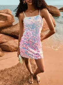 Poéselle Vestido mini lentejuelado tipo top camiseta para playa y resort de mujer