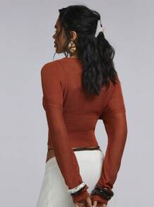 Athîral Women's Casual Knitwear Crop Top: Semi-Sheer V-Neck Knit Top With Long Sleeves In Red - Red - View 3