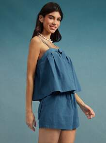 WESTFADE Bộ trang phục hai mảnh đi nghỉ hè trên bãi biển theo phong cách cowgirl ven biển, áo babydoll cổ vuông thắt nơ cài nút phía trước và quần short cạp chun cạp cao có túi vá thoải mái - Màu xanh lam - Xem 5