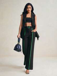 Floral Designer High Waist Color Block Black Wide-Leg Pants - Black - View 1