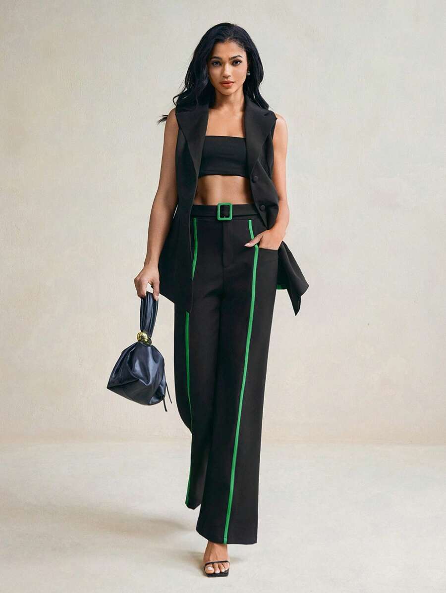 Floral Designer High Waist Color Block Black Wide-Leg Pants - Black - View 1