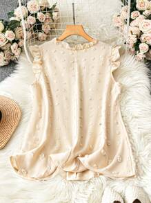 SHEIN Clasi 大码女式纯色 V 领荷叶边盖袖衬衫 - 杏色 - 查看 2