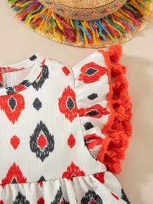 SHEIN Vestido de vacaciones con mangas con volantes y estampado geométrico para niña - Blanco - Ver 5