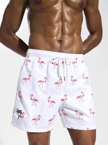 Surfspeed Men's Flamingo Print Drawstring Waist Beach Shorts - White - View 7