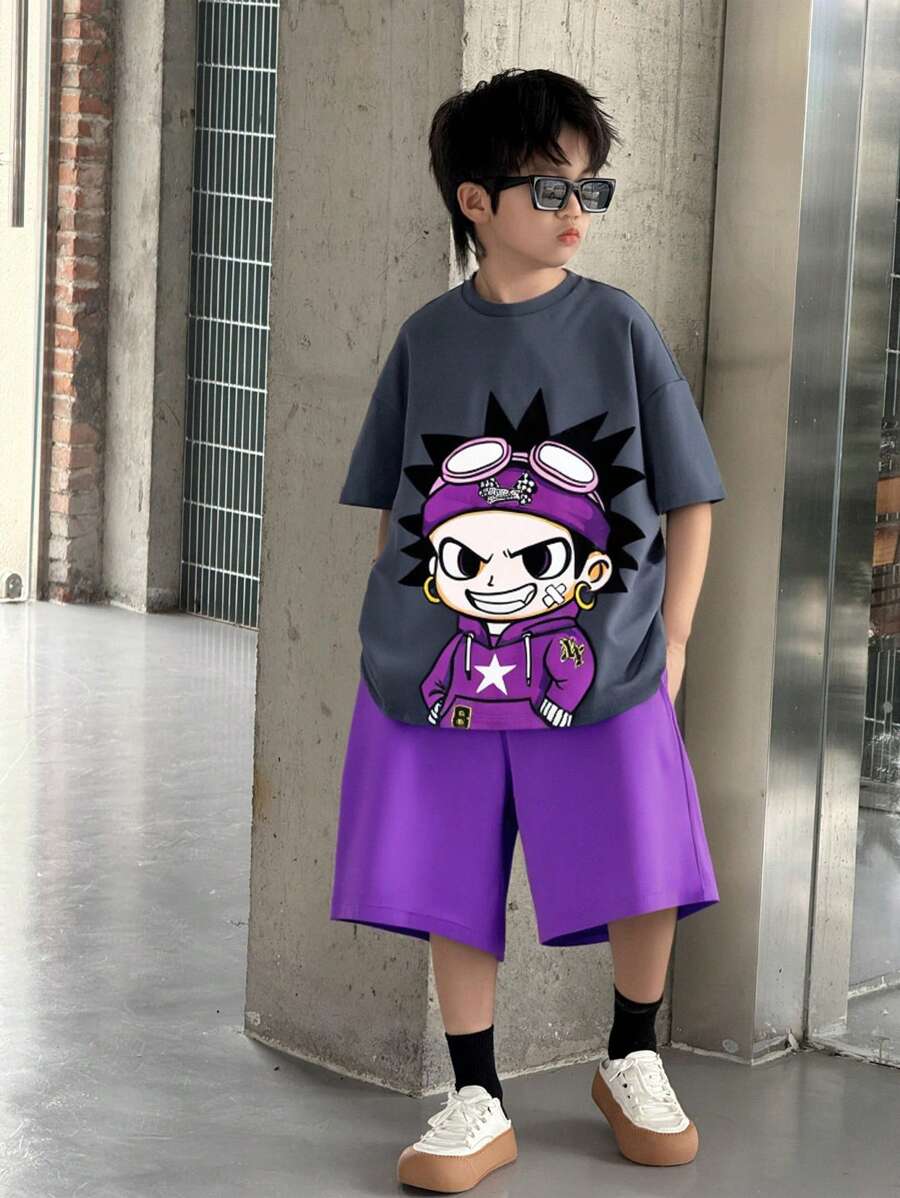 SHEIN 2pcs/Set Kids Tween Boys Casual Versatile Comfortable Cartoon Character Print Crew Neck Loose T-Shirt And Plain Shorts, Suitable For Commute, School, Casual, Vacation, Sports, Spring/Summer