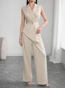 Modelyn 女式系带无袖锥形腰西装，搭配西装裤，春夏 - 杏色 - 查看 3