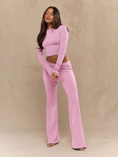 MISSGUIDED Two Piece Long Sleeve Ribbed Crop Top Flare Pants Lounge Set ...