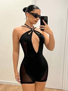 SHEIN ICON Figure-Hugging Hollow-Out Lace Up Mesh Panel Romper Unitard - Black - View 6