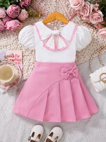 SHEIN 2 件装少女荷叶边领泡泡袖蝴蝶结上衣和褶皱蝴蝶结短裙套装 - 彩色 - 查看 9