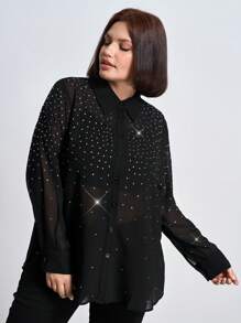 Chikora Blusa elegante de manga larga con decoración de rhinestones y malla, informal para negocios, talla grande para mujer
