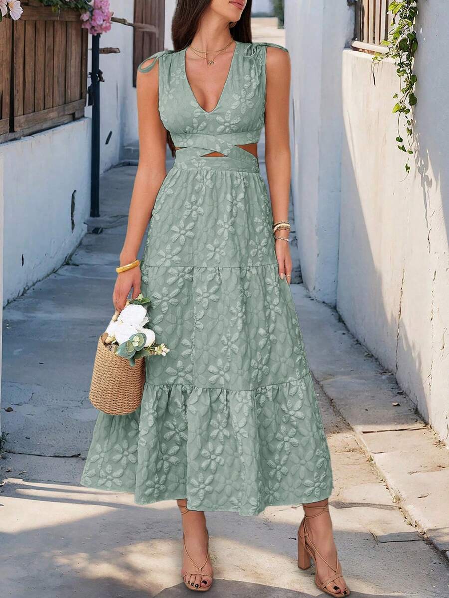 Breezaya Sleeveless Cropped V-Neck Chic & Slimming Sexy French Style Dress - Green - View 1