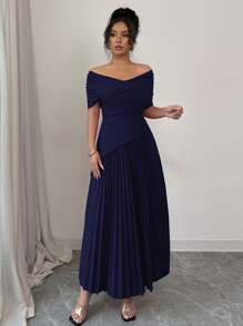 Selianne 女士短袖 V 领褶皱 A 字形轻盈优雅浪漫连衣裙 - 藏蓝色 - 查看 3