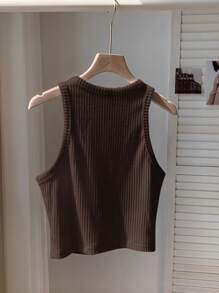 Comfortcana Áo ba lỗ chải gân màu trơn cho nữ, thích hợp mặc hàng ngày - Cà phê nâu - Xem 2