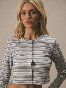 MUSERA Parte superior corta de cuello redondo de manga larga a rayas para primavera y verano, cute para vacaciones