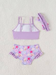 Conjunto de bikini para niñas pequeñas con volantes y estampado de conchas marinas, talla grande diadema, traje de baño de 3 piezas para bebé niña - Multicolor - Ver 1