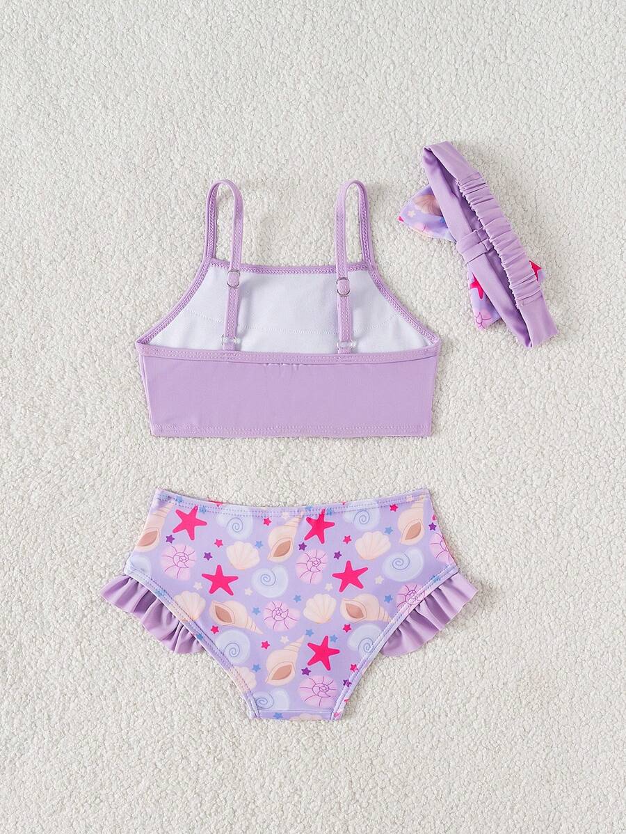 Conjunto de bikini para niñas pequeñas con volantes y estampado de conchas marinas, talla grande diadema, traje de baño de 3 piezas para bebé niña - Multicolor - Ver 1